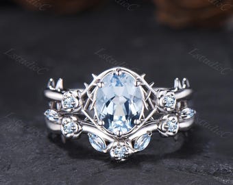6x8mm Oval Cut Aquamarine Gothic Engagement Ring Set Silver White Gold Rose Thorn Floral March Birthstone Wedding Flower Fantasy Ring Gift