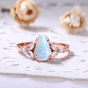 Unique Coffin Opal Engagement Ring Vintage Fire Opal Ring Rose Gold Marquise Moissanite Ring Antique Ring Women Dainty Ring Sterling Silver