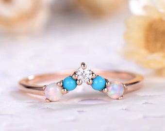 White Fire Opal Wedding Band Turquoise CZ Diamond 14k Rose Gold Sterling Silver V Shape Curve Bridal Stacking Matching Ring Women Promise