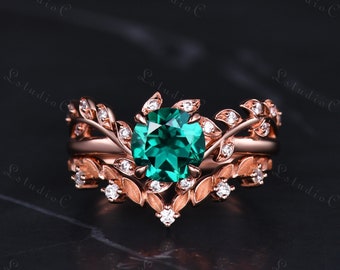 Antique Emerald Leaf Engagement Ring Set Solid Gold Moissanite Twig Wedding Ring Art Deco Branch Bridal Promise Ring Unique Women Gift