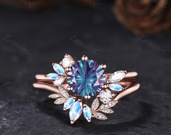 7mm Round Firework Cut Alexandrite Engagement Ring Set Nature Inspired Leaf Ring Marquise Moonstone Cluster Moissanite Ring June Birthstone
