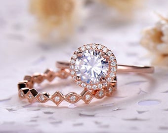 CZ Diamant Ehering Set 14k 18k 925 Sterling Silber Verlobung Roségold Halo Full Eternity Stapelband Braut set Damen 2Stk