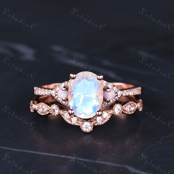 Three Stone Oval Blue Stone Opal Wedding Ring Set 14k Guard Enhancer Ring  Stack