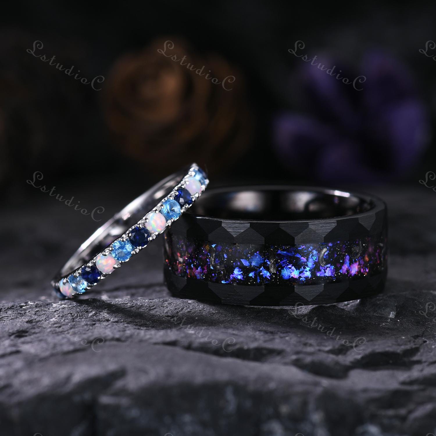 Opal Sapphire Blue Topaz Couple Ring Set Galaxy Black Tungsten
