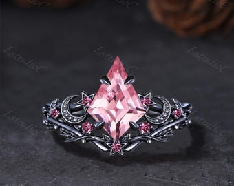 Kite Cut Pink Padparadscha Sapphire Gothic Ring Set Silver Black Gold Celestial Pink Tourmaline Accent Star Moon Ring Leaf Twig Ring for Her
