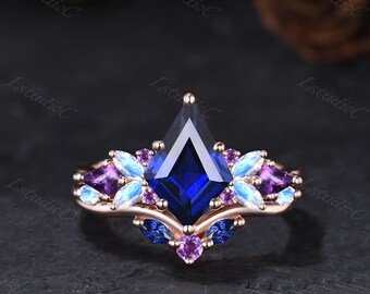 Vintage Kite Shaped Cut Blue Sapphire Engagement Ring Set Cluster Marquise Moonstone Amethyst Wedding Ring Multi Gemstone Ring Gift for Her