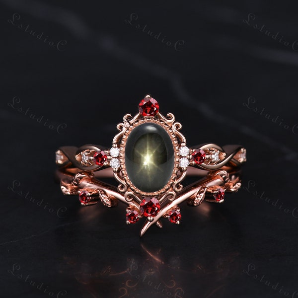 Natural Oval Black Star Sapphire Bezel Engagement Ring Set Red Garnet Leaf Stacking Ring Filigree Art Deco Wedding Bridal Set for Women Gift