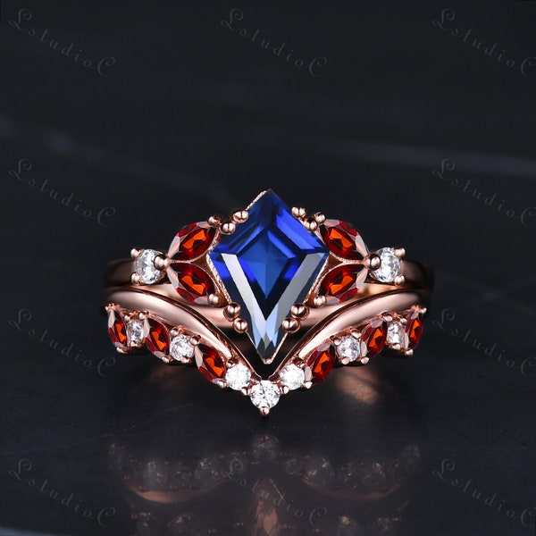vintage Kite Cut Blue Sapphire Ring Set Dainty Marquise Red Garnet Bague de fiançailles Set Moissanite Cluster Ring Bridal Stackable Ring Femmes