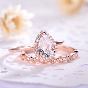 Pink Morganite Engagement Ring Set Pear Shape 14k 18k Rose | Etsy
