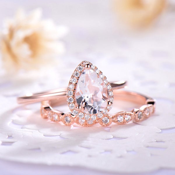 Pink Morganite Engagement Ring Set Pear Shape 14k 18k Rose Gold CZ Diamond Halo 925 Sterling Silver Halo Art Deco Wedding Stacking Band Sets