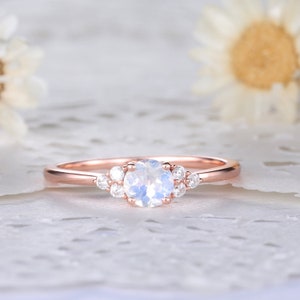 Dainty Rainbow Moonstone Silver 14k Rose Gold Women Engagement Ring Cluster CZ Diamond Wedding Band Minimalist Promise Statement Bridal Gift