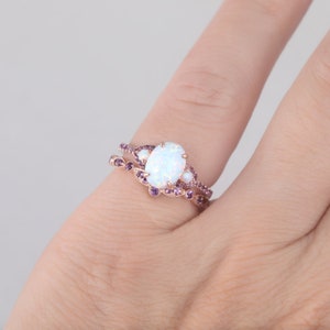 White Opal Amethyst Engagement Ring Set Silver Rose Gold Oval Fire Opal Wedding Ring Set 3 Stone Bridal Set Birthstone Ring for Women image 8