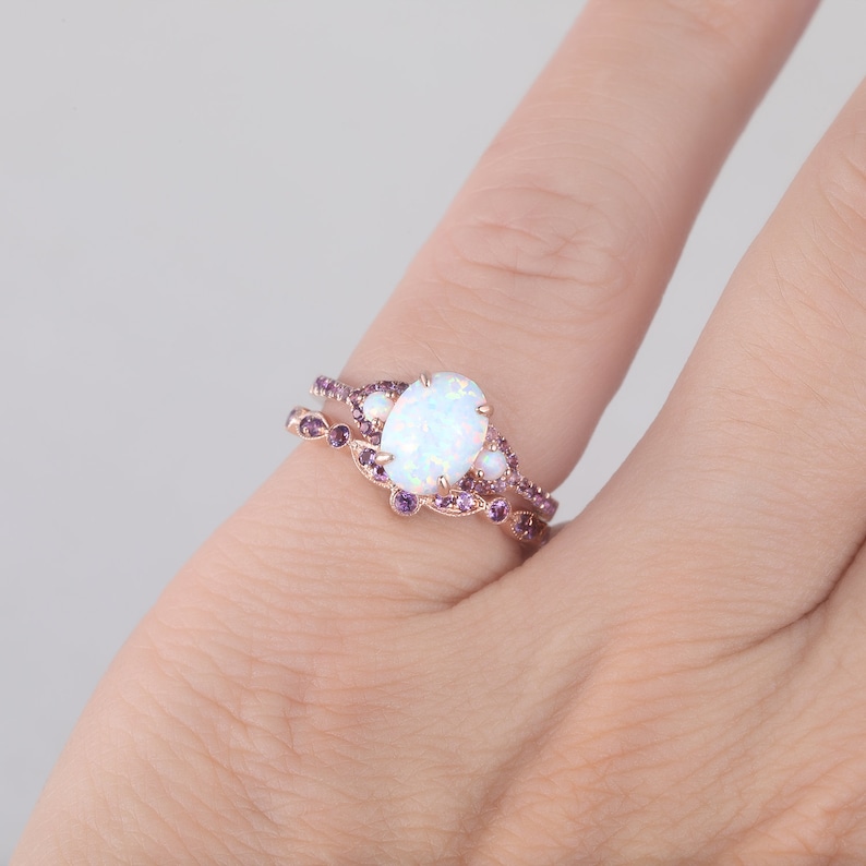 White Opal Amethyst Engagement Ring Set Silver Rose Gold Oval Fire Opal Wedding Ring Set 3 Stone Bridal Set Birthstone Ring for Women image 8