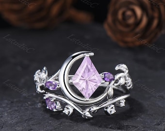 Kite Shaped Firework Cut Lavender Sapphire Leaf Ring Set Silver White Gold Marquise Amethyst Purple Gemstones Ring Crescent Moon Vine Ring