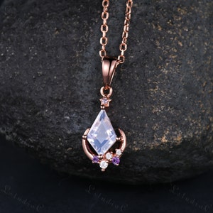 Unique Kite Cut Lavender Amethyst Necklace Vintage Rose Gold Star Moon Moissanite Pendant Art Deco Women Promise Anniversary Gift for her
