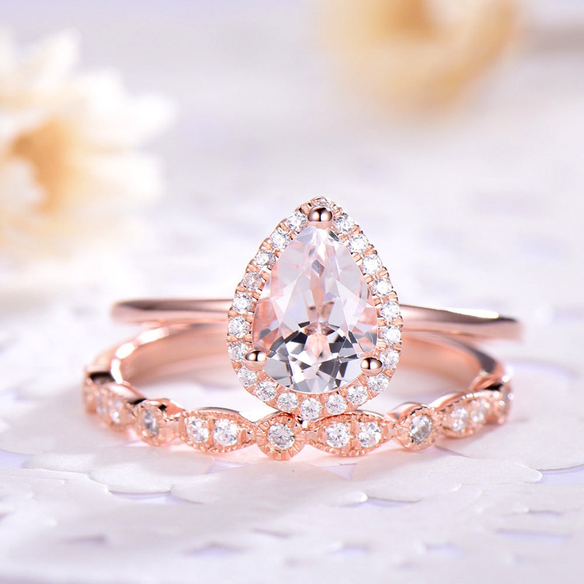 Pink Morganite Engagement Ring Set Pear Shape 14k 18k Rose | Etsy