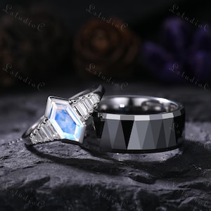 Long Hexagon Cut Blue Moonstone Couple Ring Set Hammered Tungsten Mens Ring for His and Her Unique Bridal Set Anniversary Gift for Men Women