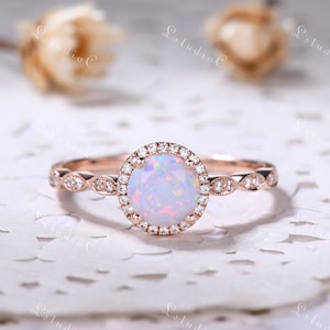 Round Cut Galaxy White Opal Engagement Ring Rose Gold Vintage Fire Opal Halo Ring Dainty October Birthstone Ring Jewelry Gift for Women