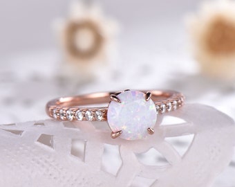 White Fire Opal Silver 14k Rose Gold Engagement Ring CZ Diamond Art Deco Eternity Solitaire Birthstone Promise Anniversary Gift Bridal