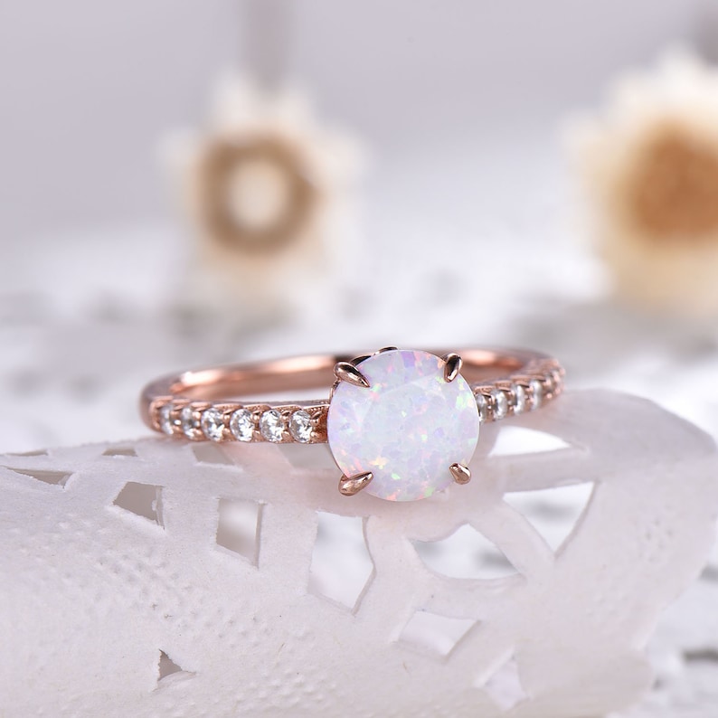Opal Silver 14k Rose Gold Engagement Ring CZ Diamond Art Deco Filigree Vintage Eternity Solitaire Birthstone Promise Anniversary Gift Bridal