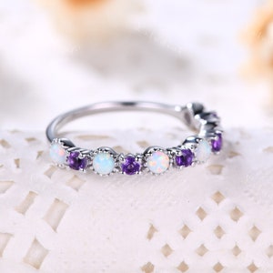 Fire Opal Engagement Ring Dainty Opal Ring Sterling Silver Opal Amethyst Ring Unique Opal Ring Vintage Opal Ring Wedding Ring Gift for her