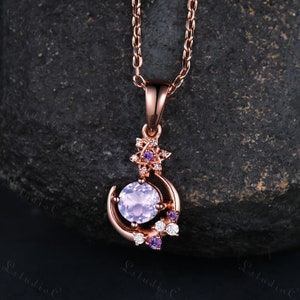 Vintage Rundschnitt Lavendel Amethyst Halskette Rose Gold Einzigartige Stern Mond Moissanite Anhänger Art Deco Frauen Versprechen Jahrestag Geschenk für sie