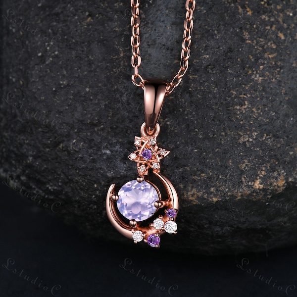 Vintage Round Cut Lavender Amethyst Necklace Rose Gold Unique Star Moon Moissanite Pendant Art Deco Women Promise Anniversary Gift for her