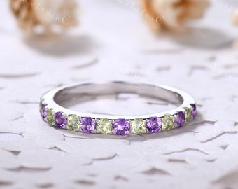 Silver Amethyst Wedding Band White Gold Peridot Wedding Band Half Eternity Wedding Ring Gemstone Stackable Ring Birthstone Matching Band