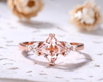 Vintage Princess Cut Morganite Engagement Ring 14k Rose Gold Marquise Moissanite Ring Nature Inspired Leaf Ring Art Deco Ring for Women