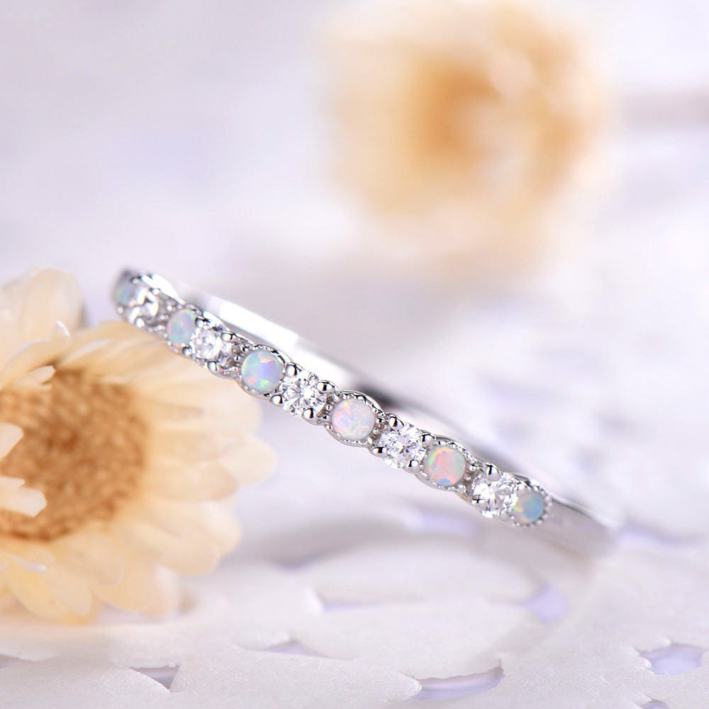 Opal CZ Diamond Wedding Band 925 Sterling Silver 14k 18k White Etsy