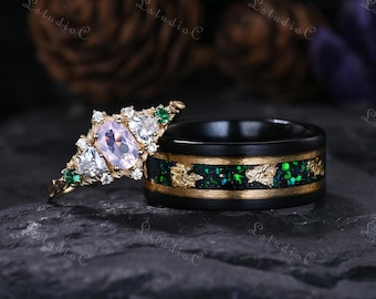 Anillo de compromiso ovalado vintage de amatista lavanda, anillo de tungsteno negro para hombre, anillo de piedra púrpura, anillo de hoja inspirado en la naturaleza, regalo para él y para ella.
