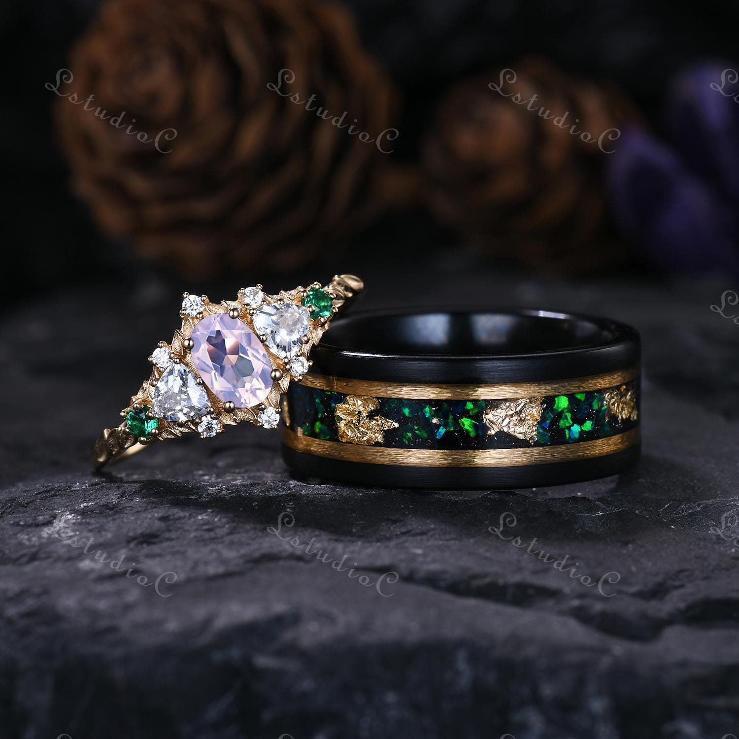 ヴィンテージオーバルラベンダーアメジストエンゲージリングセット