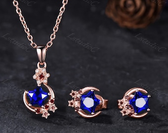 Star Shaped Cut Blue Sapphire Garnet Pendant Necklace Stud Earrings Jewelry Set Celestial Rose Gold Crescent Moon September Birthstone Gift