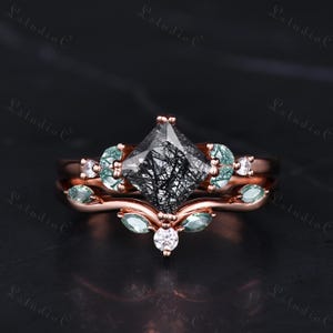 Princess Cut Black Rutilated Quartz Moss Agate Engagement Ring Set 14k Rose Gold Moissanite Stacking Ring Natural Gemstone Bridal Set Women