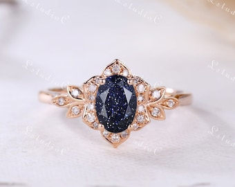 Oval Cut Blue Sandstone Ring Sterling Silver Blue Sandstone Ring Vintage Sandstone Ring Unique Ring Promise Ring Statement Ring for Women