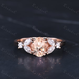 Vintage Oval Morganite Engagement Ring 14k Rose Gold Marquise Diamond Ring Nature Inspired Leaf Ring Art Deco Ring for Women Jewelry Gift