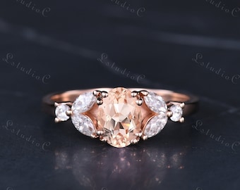 Vintage Oval Morganite Engagement Ring 14k Rose Gold Marquise moissanite Ring Nature Inspired Leaf Ring Art Deco Ring for Women Jewelry Gift