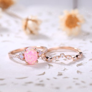Oval Cut Pink Opal Ring Set 14k Rose Gold Vintage Fire Opal Moissanite Wedding Bridal Ring Set October Birthstone Jewelry Gift for Women image 2