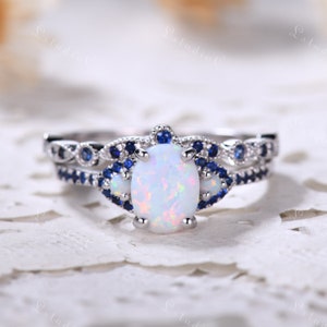Fire Opal Ring Set Blue Sapphire Wedding Ring Set White Opal Engagement Ring Set Stacking Ring Vintage Ring Birthstone Ring Bridal Ring Set