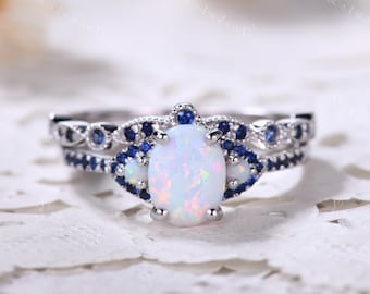 Fire Opal Ring Set Blue Sapphire Wedding Ring Set White Opal Engagement Ring Set Stacking Ring Vintage Ring Birthstone Ring Bridal Ring Set