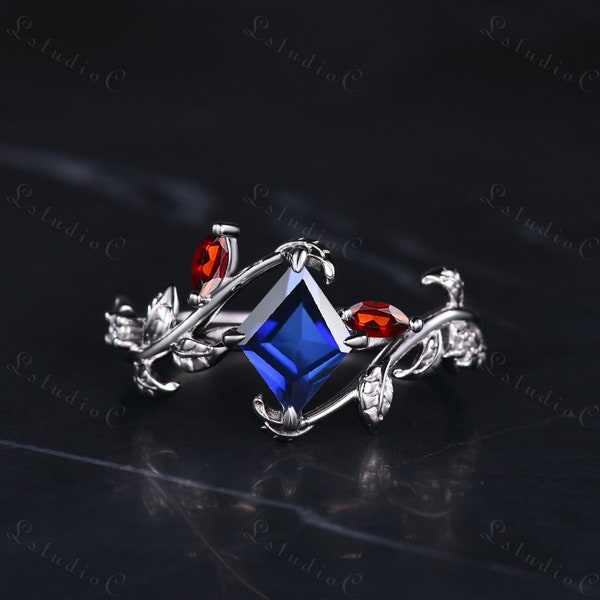 Rhombus Cut Blue Sapphire Leaf Engagement Ring Silver White Gold Marquise Garnet Branch Ring Vintage Kite Shaped Vine Twig Ring Women Gift