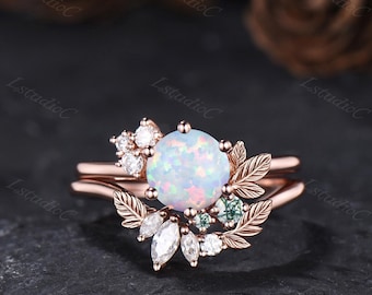 Nature Inspired Round Cut Opal Moss Agate Leaf Engagement Ring Set Rose Gold Cluster Stones Ring Set October Birthstone Promise Ring for Her