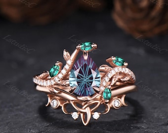 Pear Shaped Firework Cut Alexandrite Leaf Engagement Ring Set Marquise Emerald Nature Inspired Ring Set June Birthstone Vine Twig Bridal Set