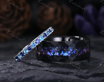 Blue Sapphire Topaz Couple Wedding Ring Set Black Tungsten Hammered Mens Ring Galaxy Nebula Ring 2pcs Anniversary Gift for Him and Her