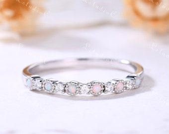 White Gold Opal Moissanite Ring Dainty Fire Opal Moissanite Engagement Ring Vintage Women Wedding Ring Antique Promise Anniversary Gift