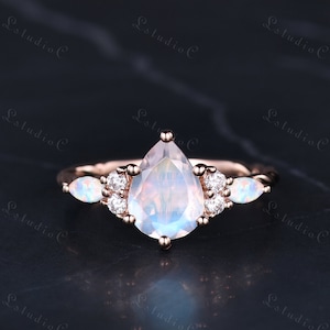 Vintage Pear Shaped Cut Moonstone Engagement Ring 14k Rose Gold Unique Teardrop Ring Marquise Opal Ring Twisted Moissanite Ring for Women