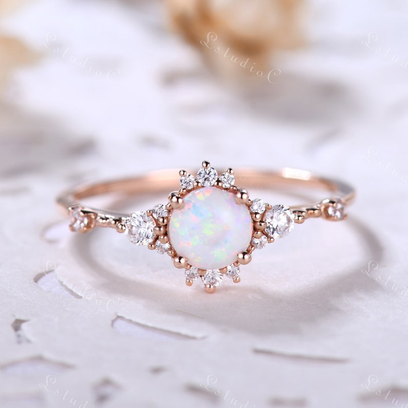 Fire Opal Engagement Ring Vintage Opal Diamond Ring Rose Gold Unique Opal Ring Art Deco Ring Silver Opal Ring Dainty Ring for Women Ring 