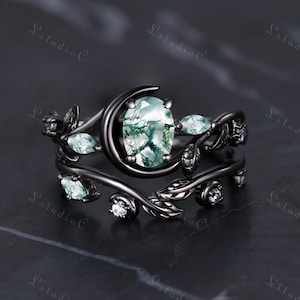 Vintage Oval Green Moss Agate Black Gold Ring Set Art Deco Leaf Engagement Ring Set Unique Crescent Moon Ring Nature Inspired Ring for Women