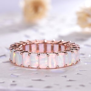 Fire Opal Wedding Band Baguette Opal Engagement Ring Rose Gold Ring Sterling Silver Stacking Ring Unique Ring Birthstone Ring Promise Ring