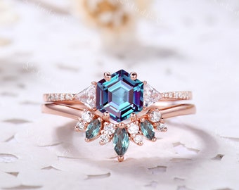 Hexagon Cut Alexandrite Engagement Ring Set Rose Gold Eva Alexandrite Wedding Ring Set Color Change Alexandrite Ring Vintage Sterling Silver